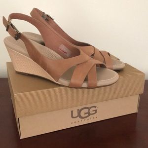 Genuine UGG Brown Leather Kenedy Wedge Sandal